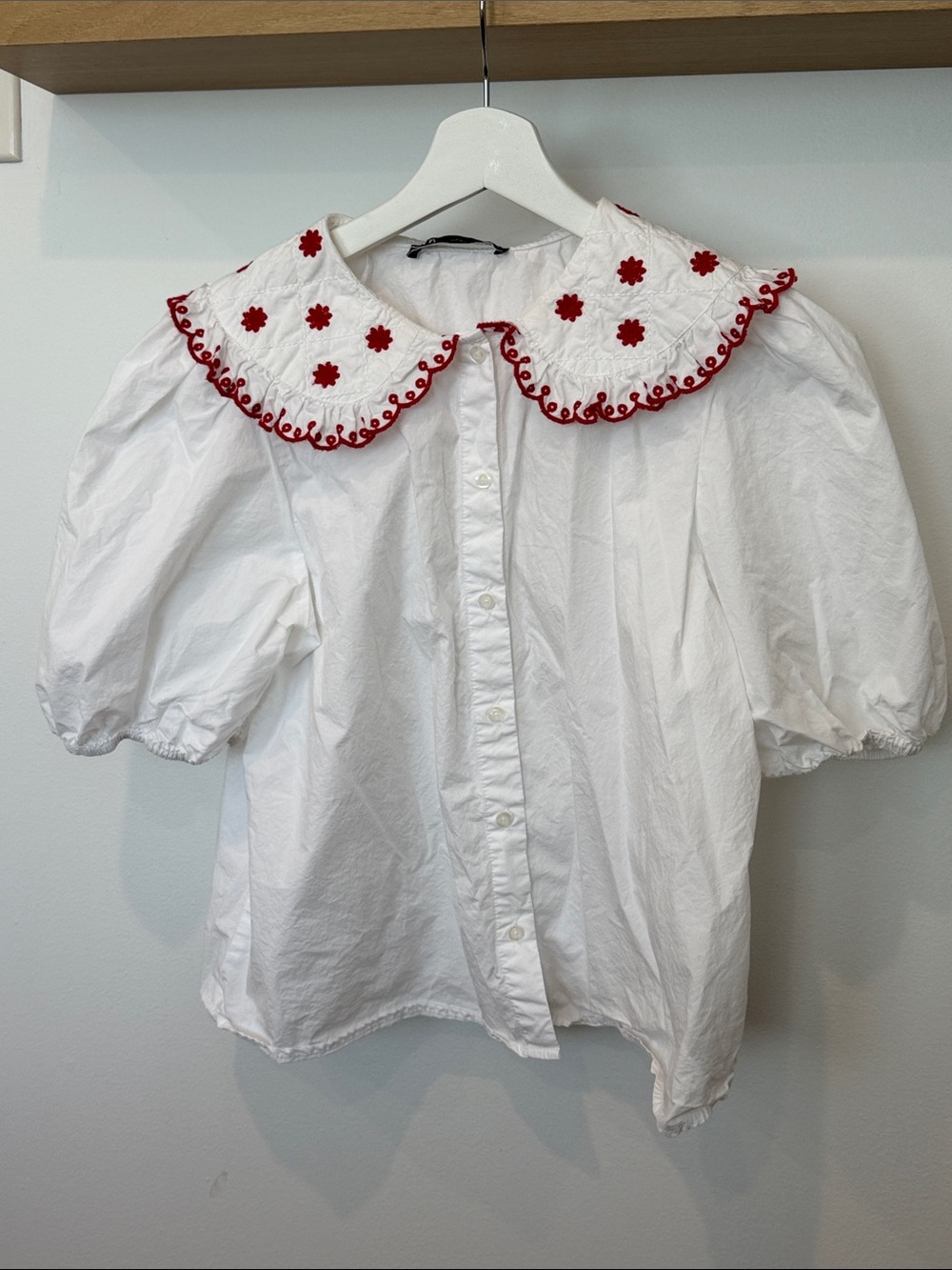 Zara White Blouse with Red Embroidered Peter Pan Collar